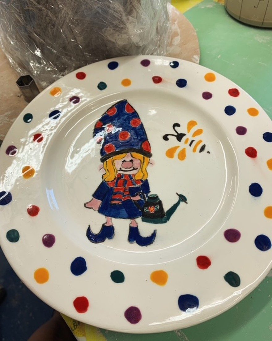 Hand-painted gnome and bee plate